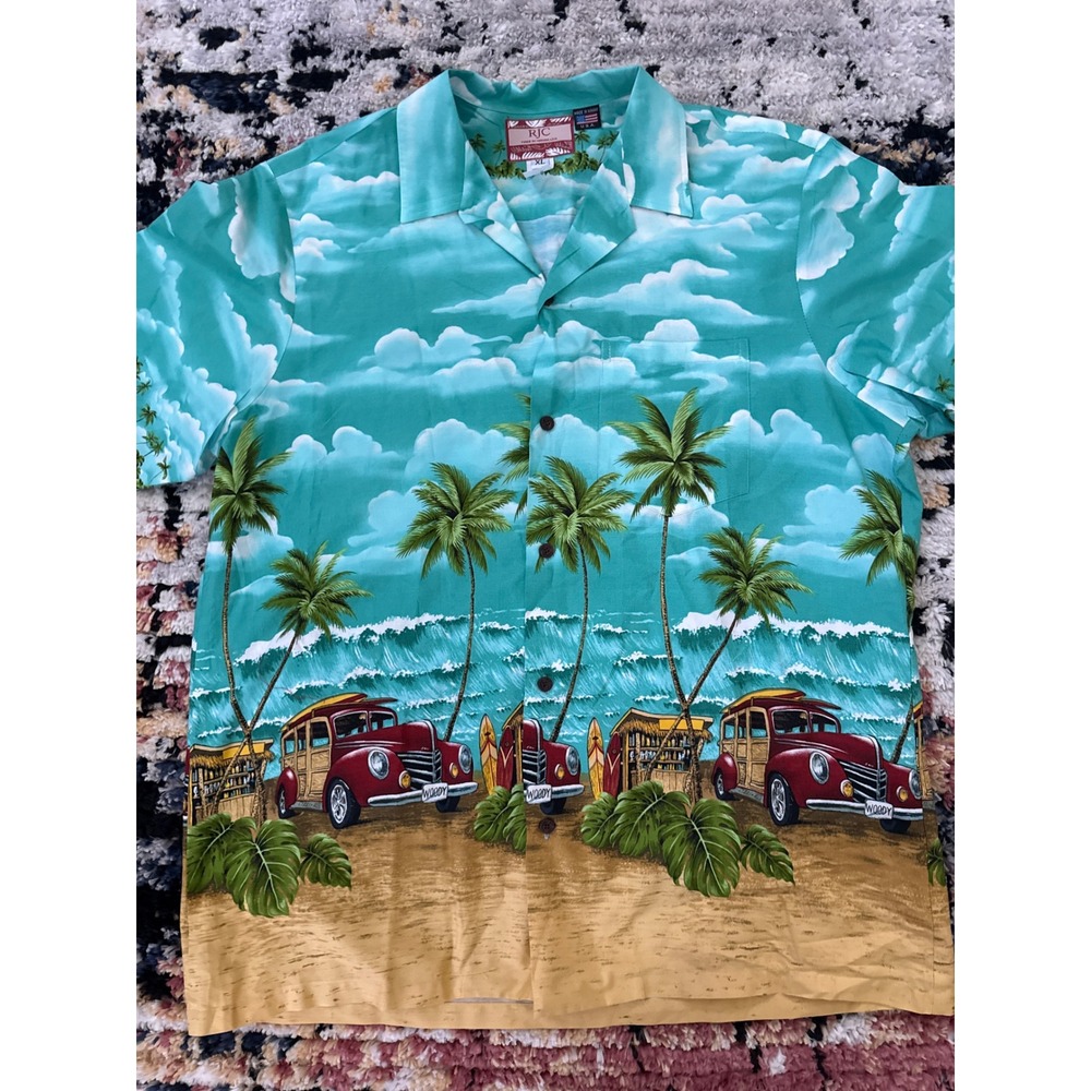 RJC Hawaiian Shirt Mens XL Blue Woody Car Tropical Beach Palm Tree Cotton USA